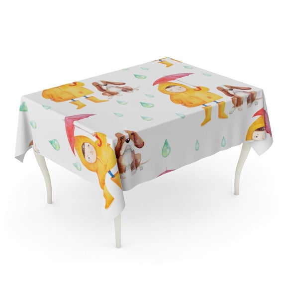LADDKE Watercolor Cute Cartoon Characters Small Girl and Dog Umbrella Hand Child Puppy Tablecloth Table Desk Cover Home Party Decor 52x70 inch