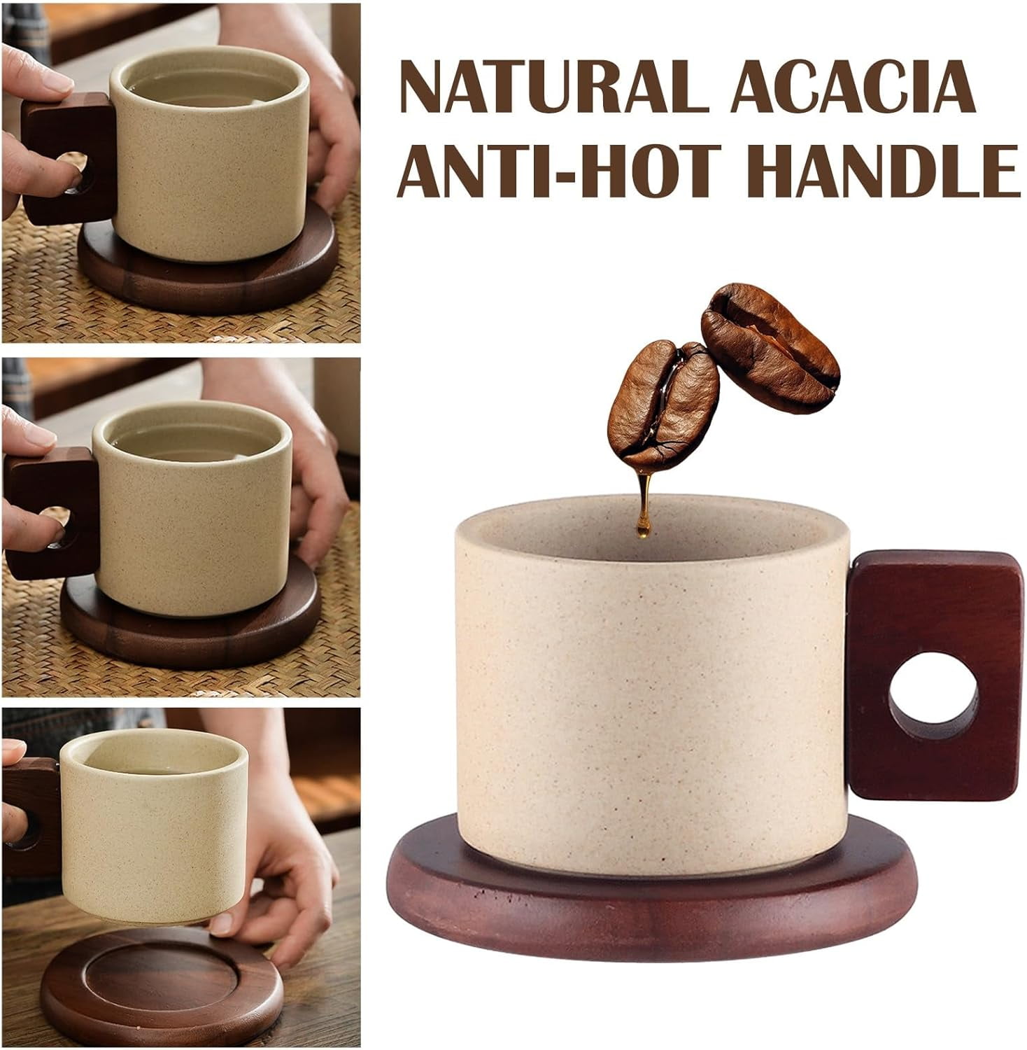 ABPETE Japanese-Style Ceramic Mug Set,8oz Unglazed Porcelain Cup with Acacia Wood Saucer & Handle for Espresso, Latte & Tea​