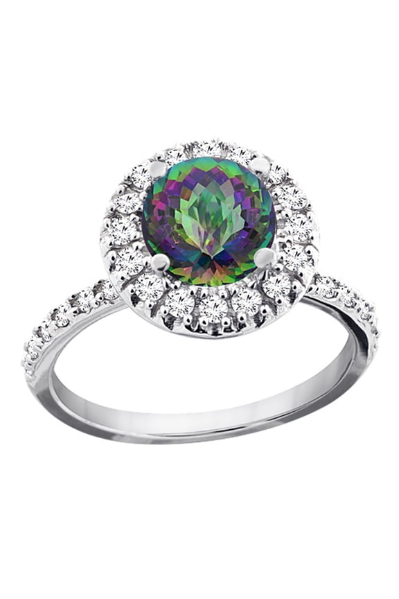14K White Gold Natural Mystic Topaz Ring Round 8mm Floating Halo Diamond, size 7.5