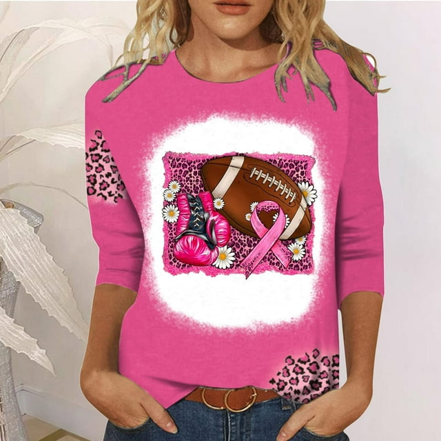 TIMIFIS Chandails de Sensibilisation au Cancer du Sein pour Femmes Ruban Chandail à Manches Longues Blouse Imprimée T-shirt Ample Blouse à Manches 3/4 Col Rond Hauts Décontractés Automne/hiver