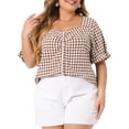 thumbnail image 2 of DARING DIVA Women's Plus Gingham Sweetheart V Neck Puff Short Sleeve Blouse 4X Brown, 2 of 6