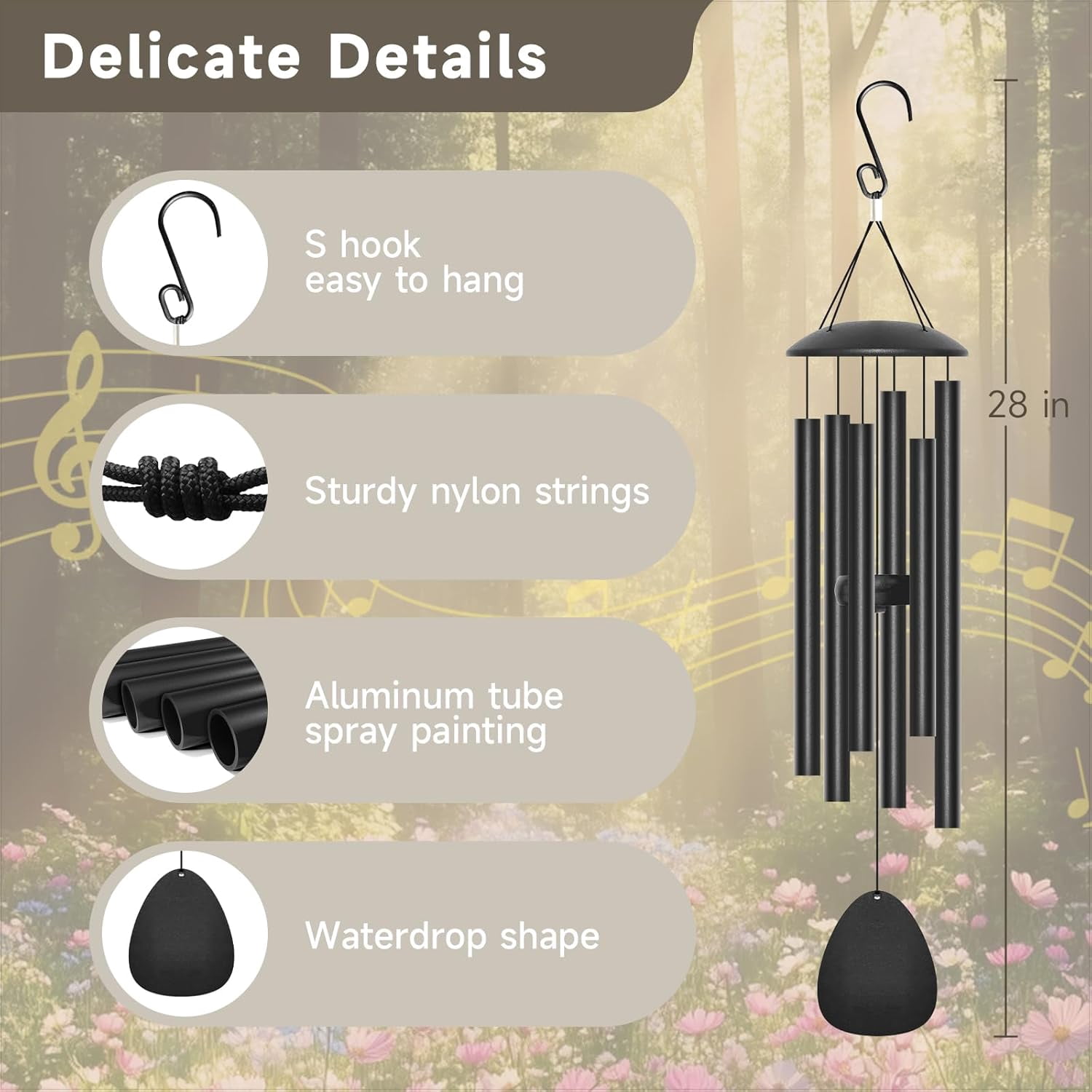 28" Wind Chimes for Outside, Metal Outdoor Wind Chimes with Soothing Melodic Tones, Wind Chime Unique Gift for Mom, Grandma, Perfect Outdoor Garden Decor(Waterdrop-Shape)