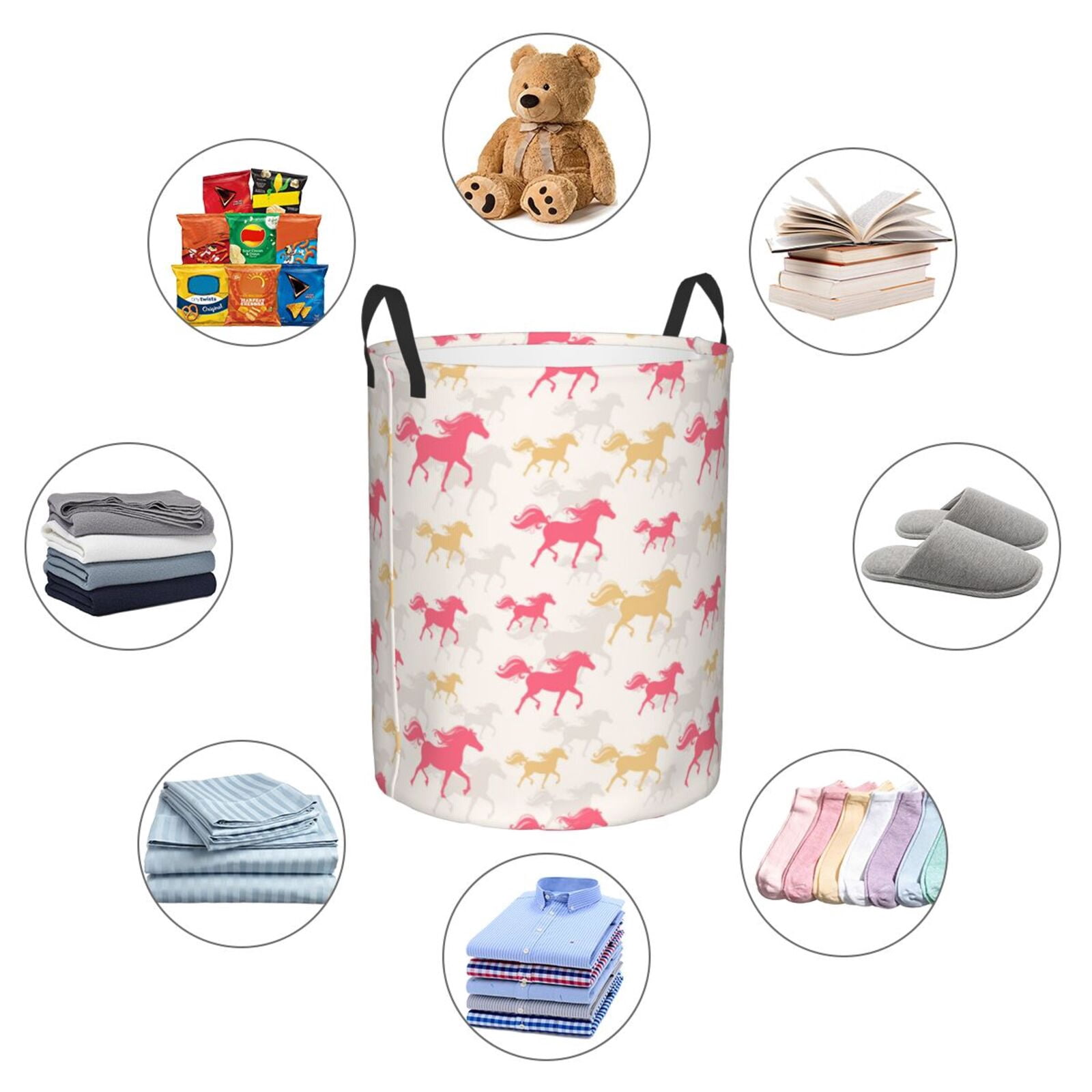 Large Laundry Basket with Handles - Minimalist Multicolor Horse Pink Kids Baby Dirty Clothes Laundry Hamper for Bedroom Aesthetic