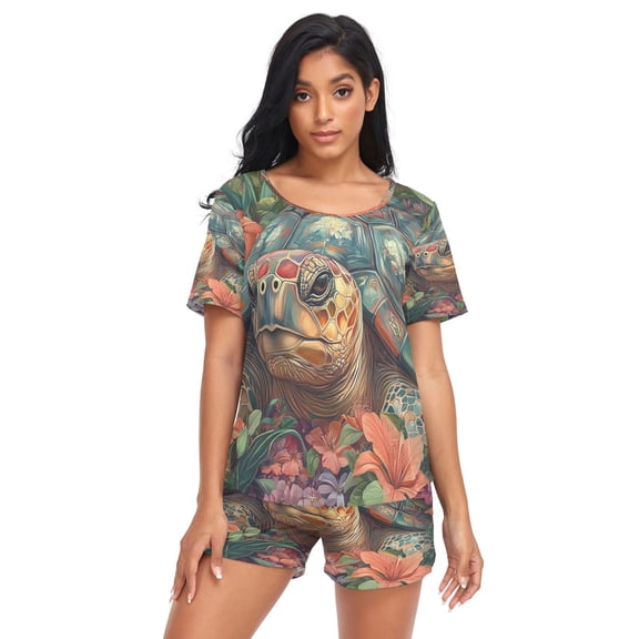 Women Pajama Sets Short Sleeve Sweatshirts Turtle in A Tropical Paradise Casual Tops and Shorts