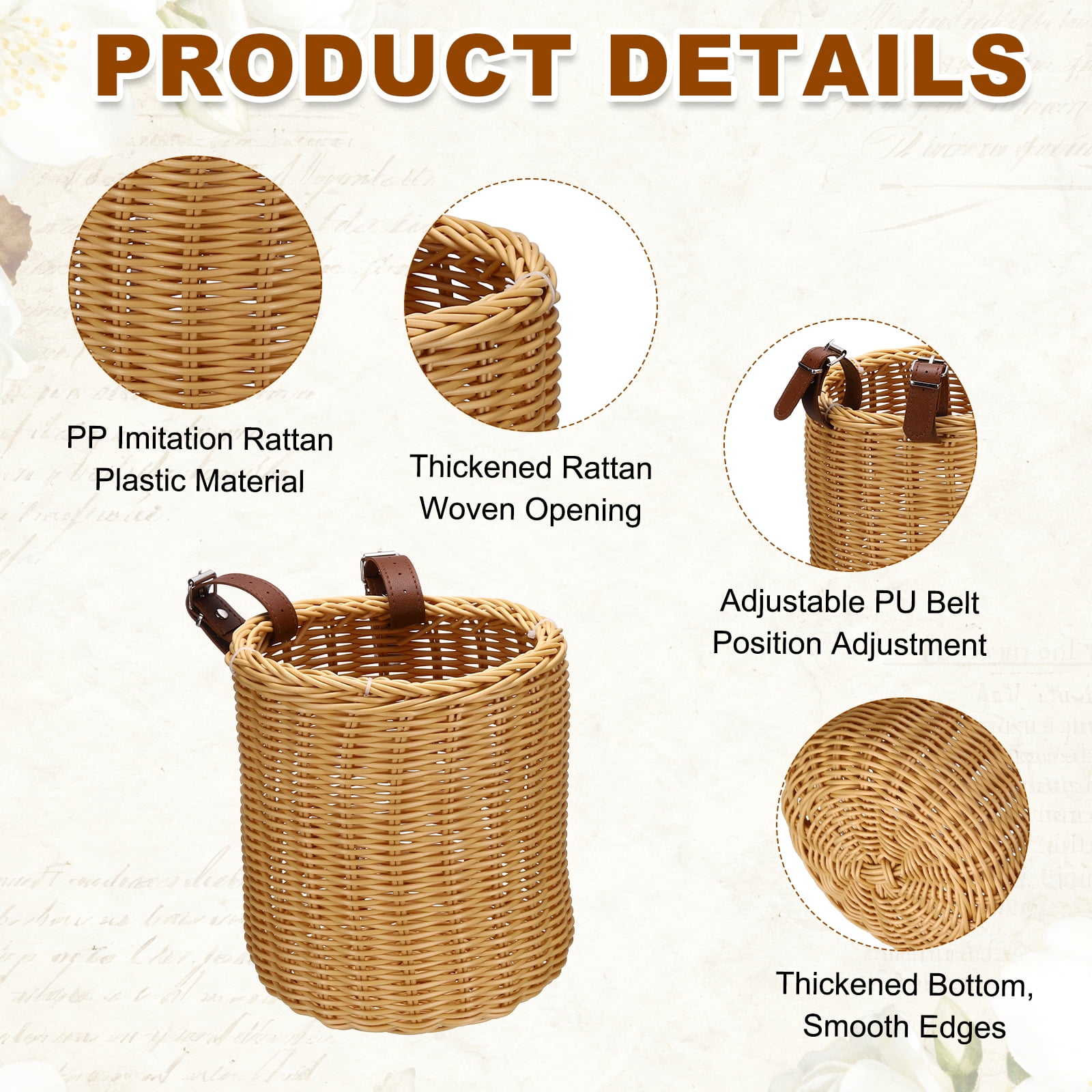 Uxcell Bike Basket, Imitation Rattan Bicycle Basket Adjustable Front Baskets with 2 Leather Belt Buckles Strong Load 7.3 x 7.3 x 8.2" & Apricot-Fitting For(Most Bikes/Tricycle/Scooters)