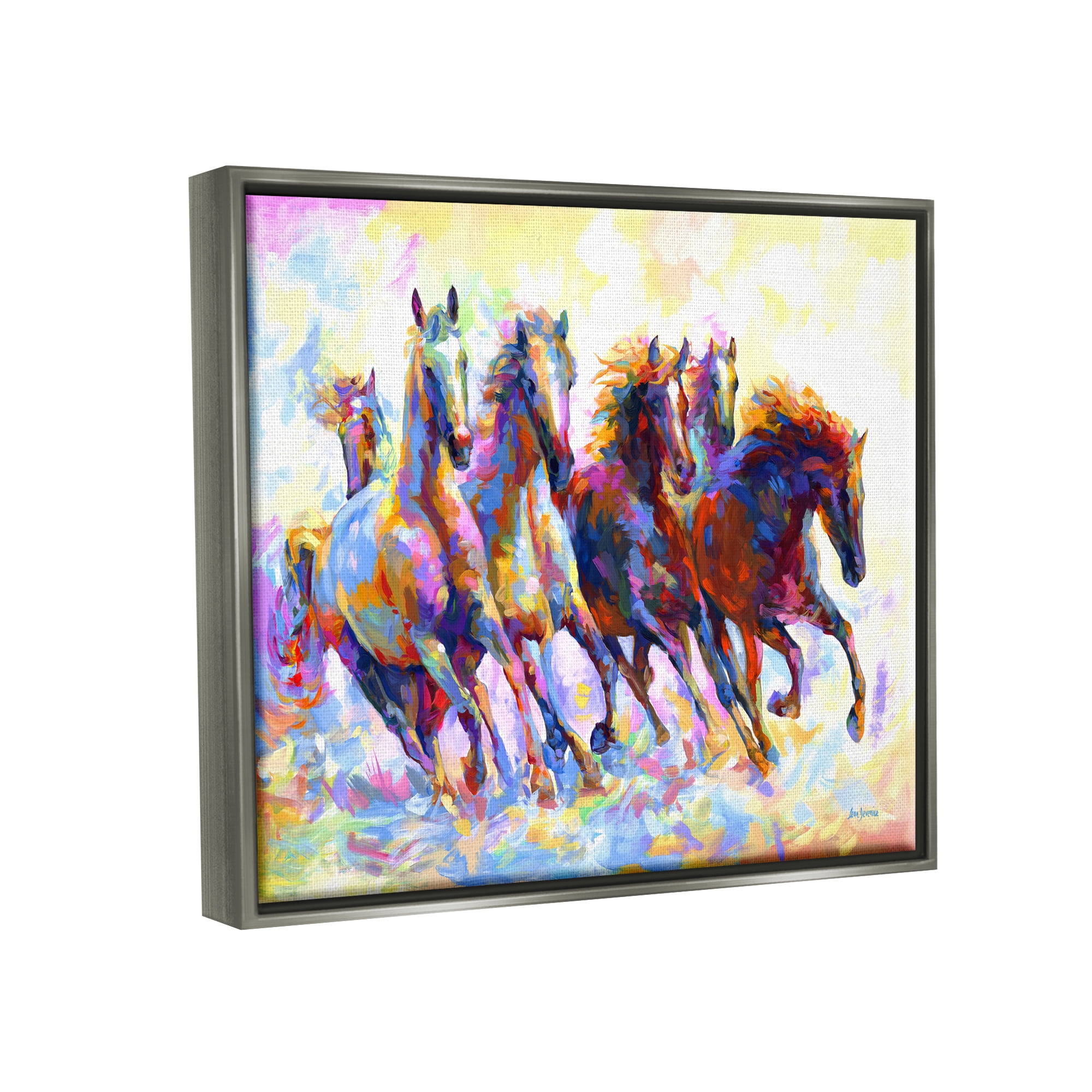 Stupell Industries Vivid Wild Horses Running Animals & Insects Painting Gray Floater Framed Canvas Art Print Wall Art, 21 x 17