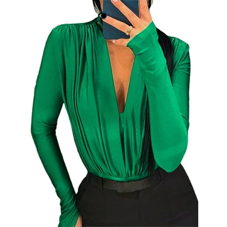 Genuiskids Women Slim Fit Bodysuit Tops Long Sleeve Deep V Neck Pleated Romper Solid Color Hollow Out Backless Leotard T-shirt