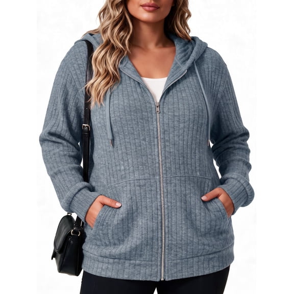 Gleelist Plus Size Hoodies For Women Lightweight Long Sleeve Zip Up Hooded Sweatshirt Trendy Ribbed Knit Jackets With Pockets XL-5XL
