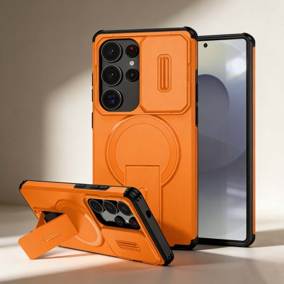 For Samsung Galaxy S26 Ultra Phone Case,Compatible With Mag-Safe,With Contractile Kickstand,Camera Cover,Heavy Duty Shokcproof Anti-fall Drop Protection,Non-slip Rugged Phone Case Cover,Orange