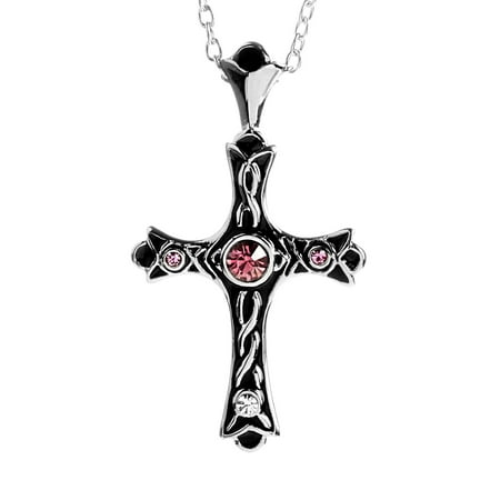 Stainless Steel Budded Black Enamel Pink Crystal Cross Pendant
