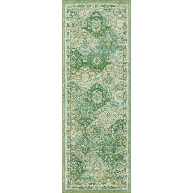 Unique Loom Penrose Collection Distressed Traditional Vintage Runner Rug, 2 Feet 2 Inch x 6 Feet, Green/Beige