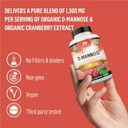 D-Mannose 1,300 mg with Cranberry Extract Fast-Acting, Flush Impurities, Urinary Tract Health- 100 Veggie Capsules