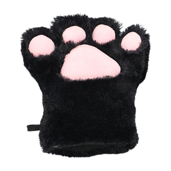 Yuncity Women Fuzzy Cat Paw Gloves Cute Animal Print Plush Half Finger Mittens Accessories For Halloween Cosplay Party Performance,Black