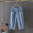 thumbnail image 2 of JIANJIA Linen Pants Women Summer Solid Color Elastic High Waist Wide Leg Loose Casual Pockets Wide Leg Trousers Activewear,Blue,XL=3码, 2 of 5