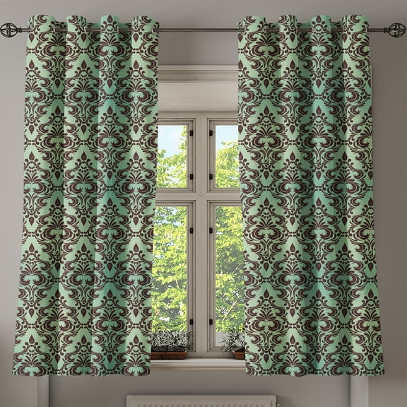 Ambesonne Damask Grommet Curtain, Leaves Buds Ornate Style, 50" x 54", Mint Green Dark Brown