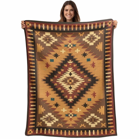 Retro Boho Throw Blankets, Aztec Southwest Tribal Floral Pattern Soft Fleece Blanket Decorative for Home Sofa Couch Chair Living Bedroom, 30x40 Inches, Brown