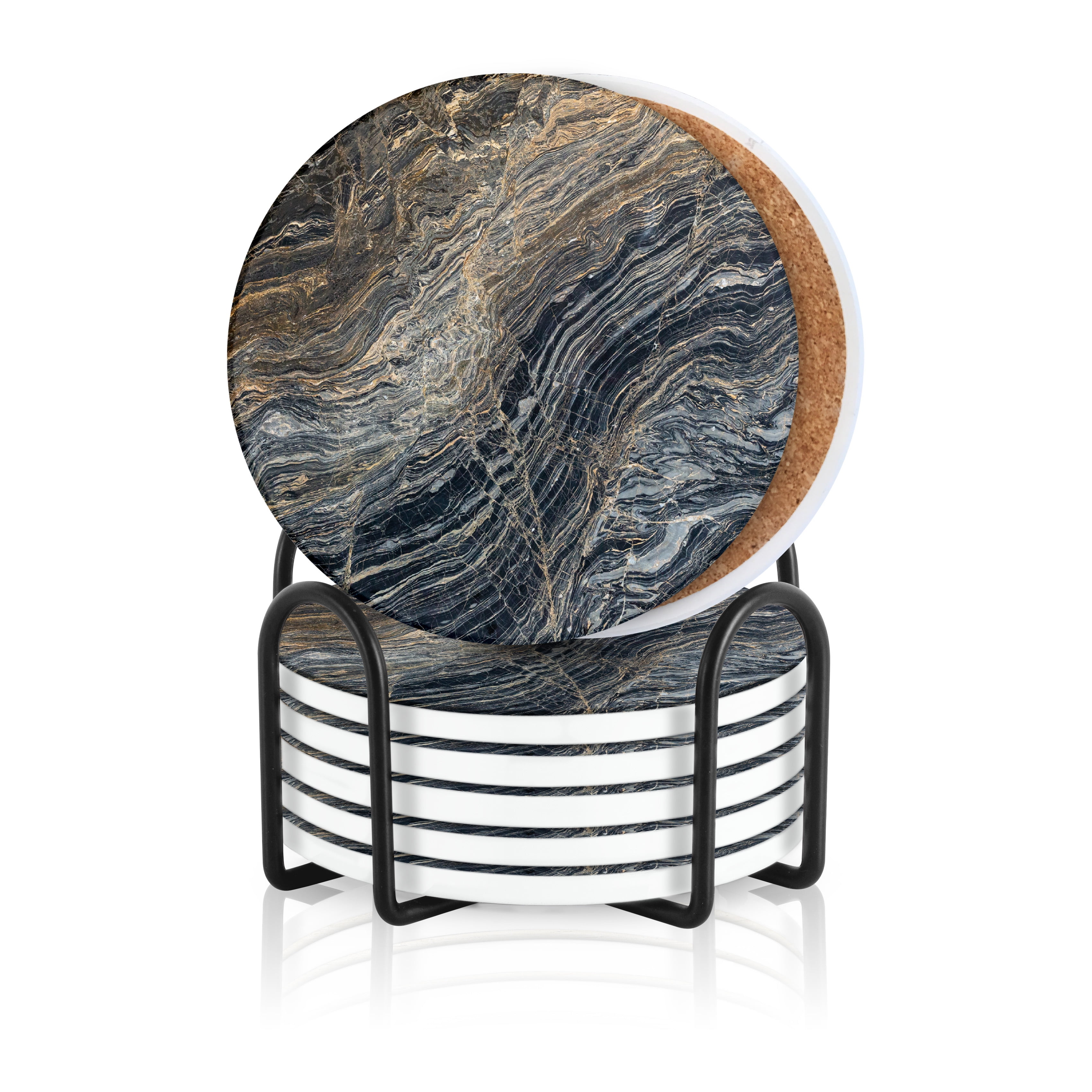 SET of 6 Vintage Marble Coasters with Marble Holder Cork and Green Felt