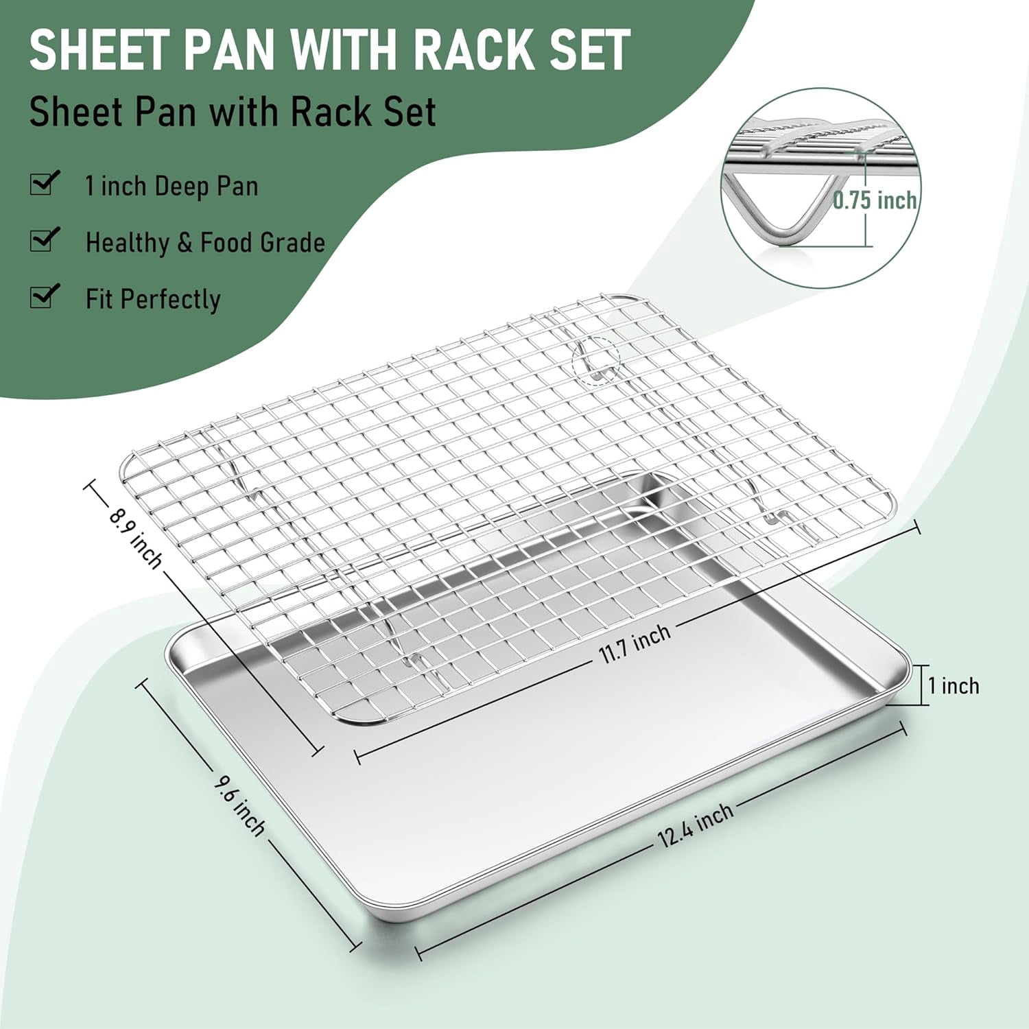 Baking Sheet with Wire Rack Set (1 Pan+1 Rack), 12" x 10" Stainless Steel Quarter Sheet Pan with Grid Cooling Rack for Toaster Oven Roasting, Metal Bacon Cookie Trays Nonstick Jelly Roll Pan