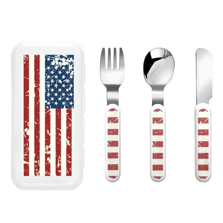 

Lukts Vintage American Flag for Children s Knife Fork and Spoon Three-Piece Set Stainless Steel Children and Toddler Safety Cutlery with Outer Box