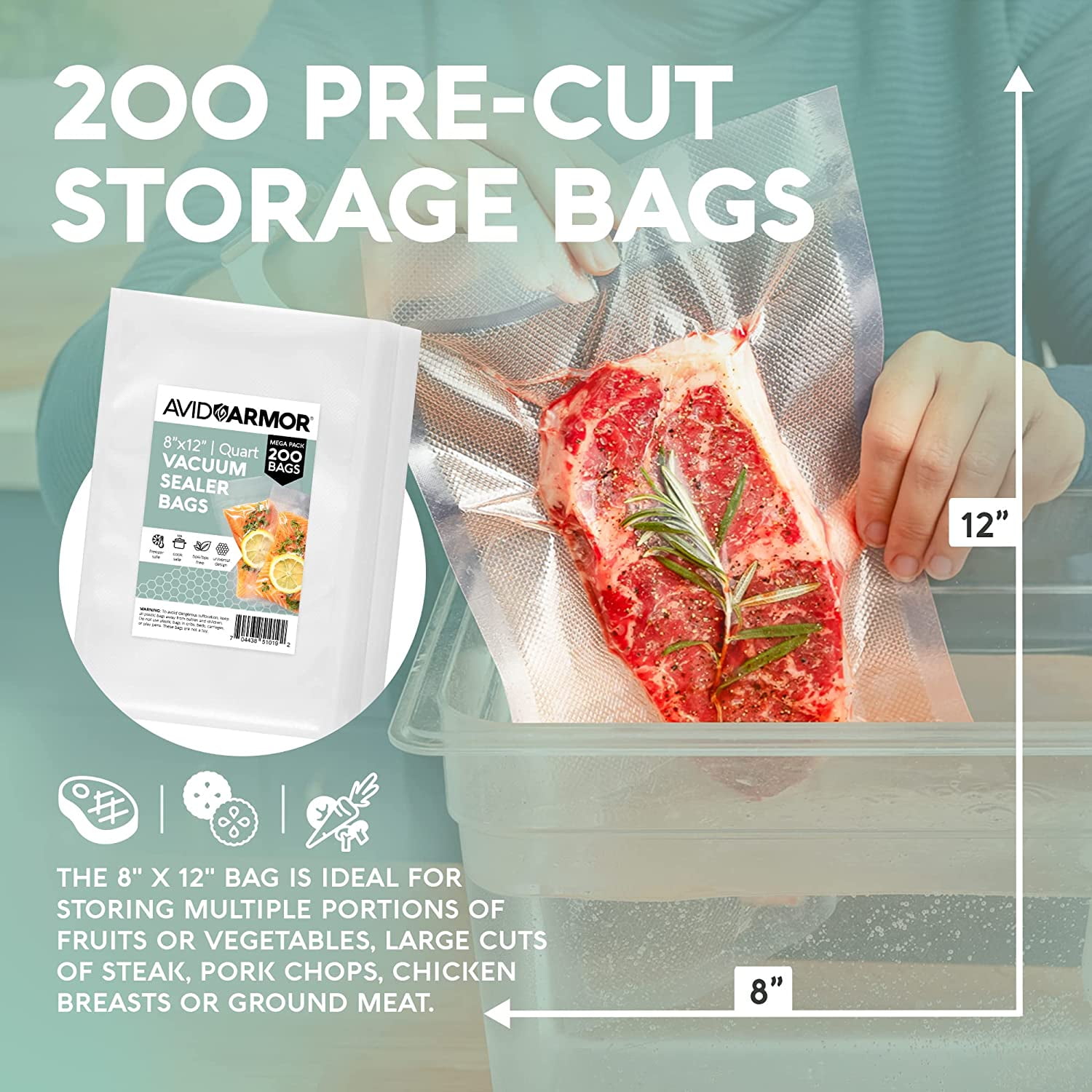  Vacuum Sealer Bags,Storage Food Bag,8x12,200 Quart