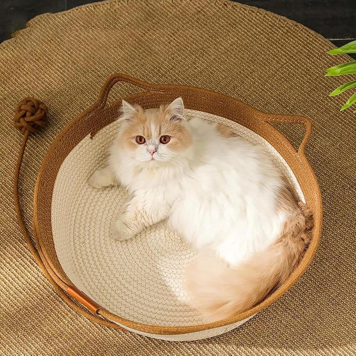 Basket for Cats with Durable Cotton Rope Weave, Handwoven Cat Bed with Built-in Washable Scratching Pad, Toy Tail for All-Season Indoor Comfort of Small Large Cats & Dogs.