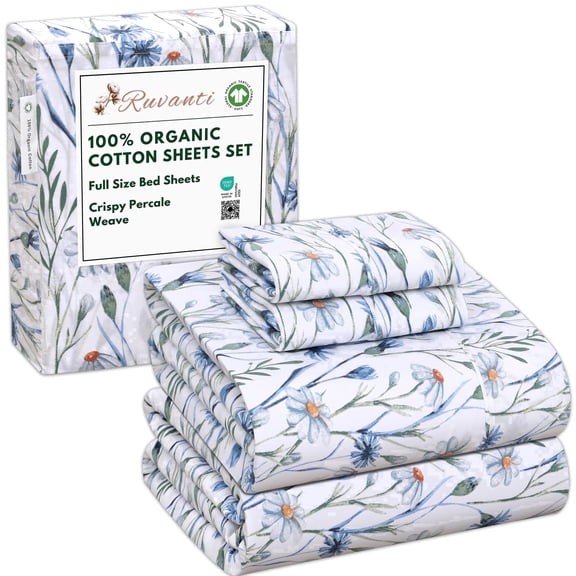 RUVANTI 100% Organic Cotton Sheets - Full Size bed sheet - 4 Piece Percale Weave Bedding, Crisp, Cooling & Breathable, Soft & Durable, 16" Deep Pocket, Hotel Quality Sábanas - Daisy Bud