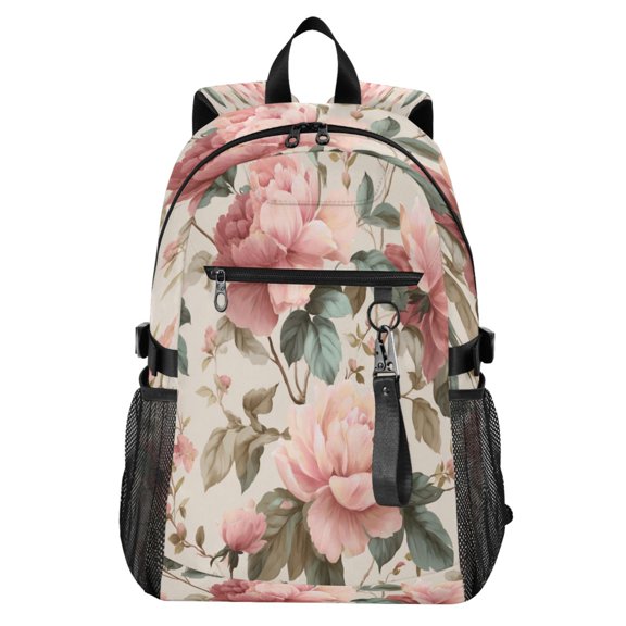 Full‑Print Casual Laptop Backpack, 20L Water‑Resistant Twill Tote Daypack with 14 Inch Computer Compartment for School Business Travel Retro Floral Pattern
