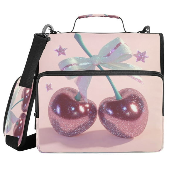 Water-Resistant 3-Ring Binder Organizer with Multiple Pockets Zipper Binder Bag for Office Pink Large Cherries