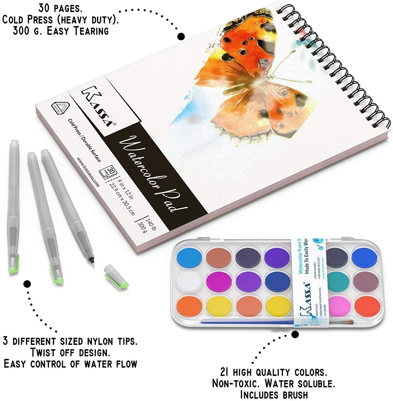 Kassa Watercolor Set for Kids and Adults: Painting Kit Bundle Includes  Unique Water Brush Pens (3 Assorted Sizes), Water Color Paper Pad (30  Sheets), and Complete Set of Watercolor Paints (21 Colors) - Walmart.com
