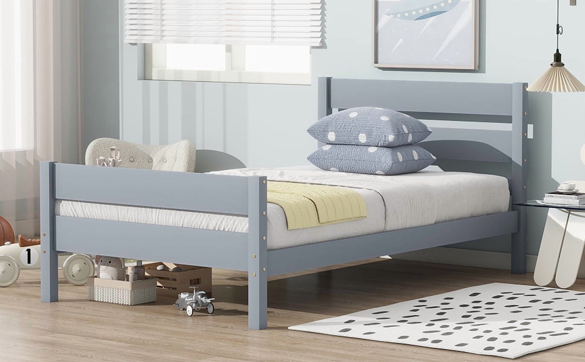 Rubber Wood Twin Platform Bed with Solid Headboard & Footboard, 10 Plywood Slats Underbed Storage Design Holds 250LBS Fits ≤6 Inch Mattress No Box Spring Needed