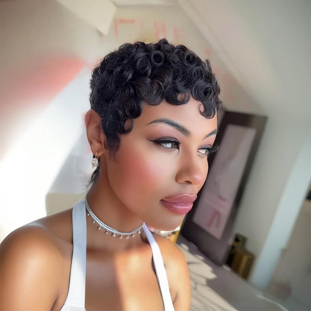 Pixie Cut Curly Wigs for Black Women Short Layered Pixie Cut Human Hair Wigs With Bangs Chic Elegant Natural Black Color No Glue Wig