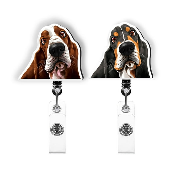 WIRESTER Set 2pcs Design Acrylic Key Card Holder Belt Clip Reel Id Badge Retractable - Basset Hound Dogs (S1)