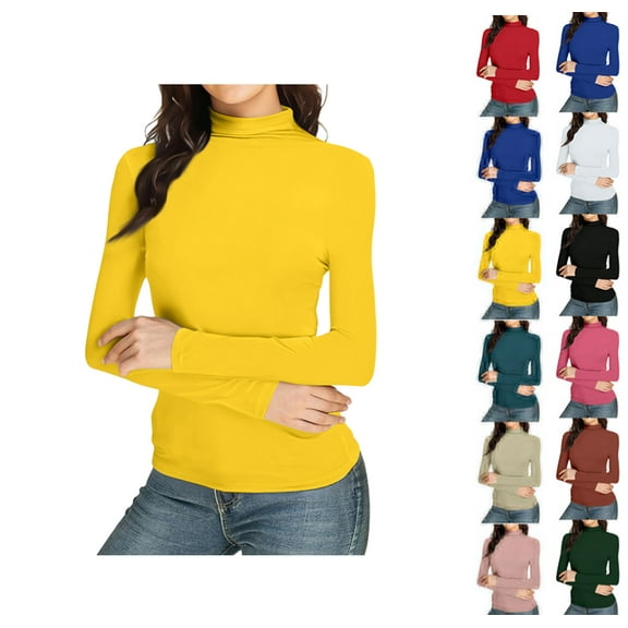 Womens Slim Fitted Mock Turtleneck Tops Long Sleeve Lightweight Base Layer Shirts Yellow XXL