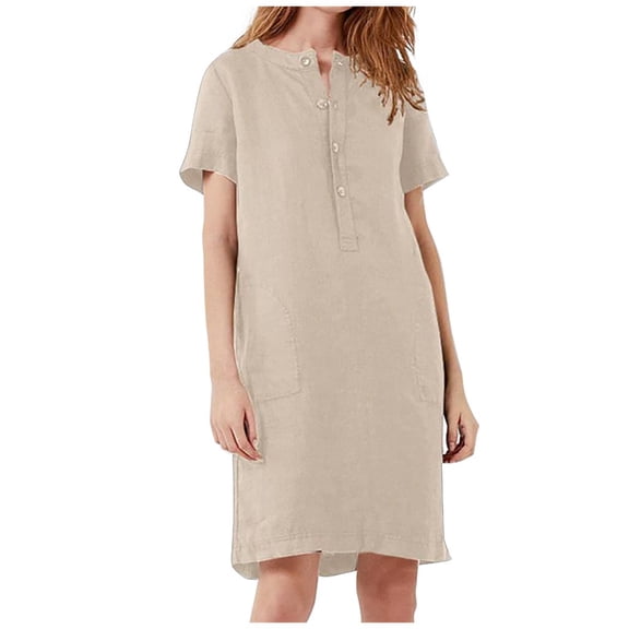 ZHOGXU Women's Dress Short Sleeve Round Neck Solid Color Buttons Fashion Comfortable Dresses With Pockets For Casual Daily Wear,Beige,L