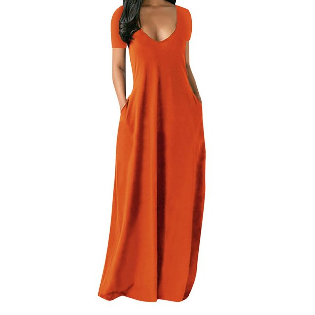 BJYX Maxi Robe Femmes Été Casual V-Cou Solide Longue Robe de Mode Poches Manches Courtes Femme en Vrac Plus la Robe de Taille