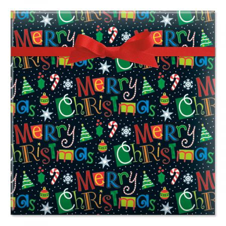 Merry Christmas on Black Jumbo Rolled Gift Wrap - 72 sq