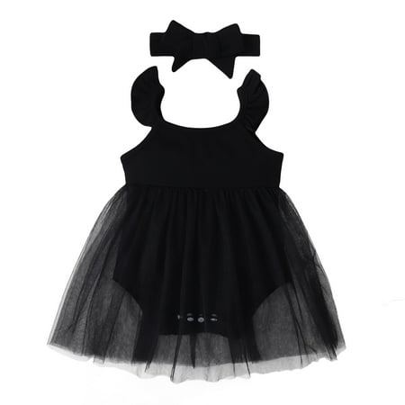 

KIMI BEAR Newborn Baby Girls Outfits 6 Months Spring Summer Outfits 12 Months Pure Color Mesh Panel Button Closure Sling Rompers + Headband 2PCS Set Black