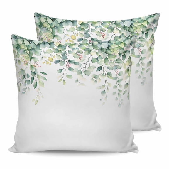 Eucalyptus Leaves 20x20 Pillow Covers Set of 2, Spring Summer Watercolor Botanical Throw Pillow Covers Decorative Couch Cushion Case, Microfiber Square Pillowcases for Bedroom Car Living Room