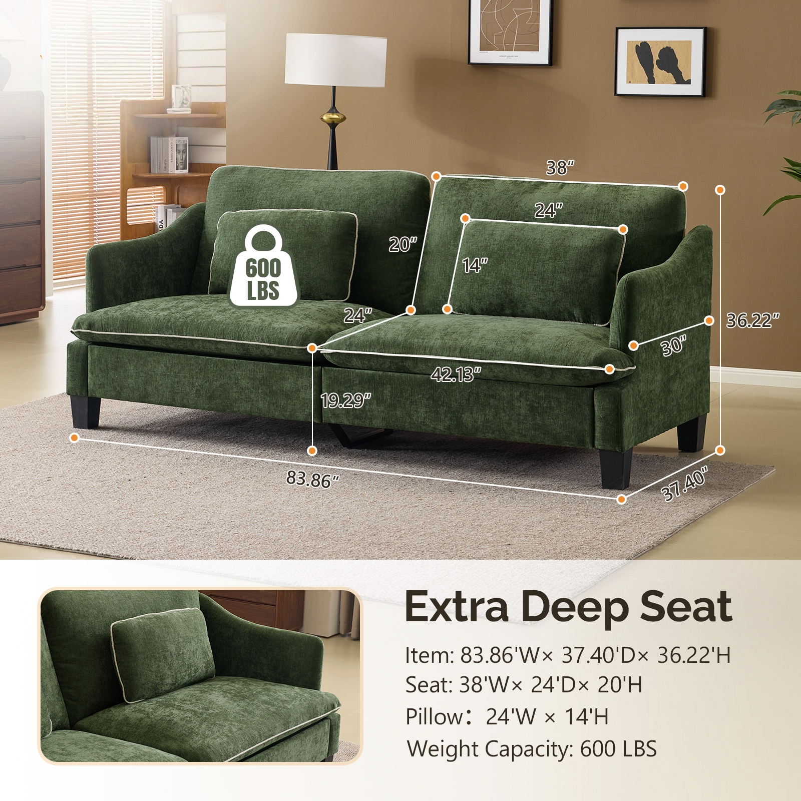 Ktaxon 84" Sofa, Linen Fabric Deep Seat Couch with Lumbar Pillows, Oversized Loveseat for Small Spaces, Living Room Green