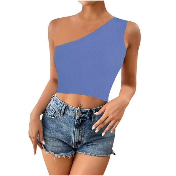 Diufon Crop Tops for Women Summer Casual Knit Solid Color Tops One Shoulder Sleeveless Blouses