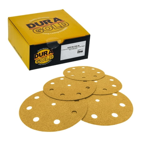 

Dura-Gold - 100 Grit - 5 Gold Sanding Discs - 9-Hole Pattern Dustless Hook and Loop for DA Sander - Box of 50