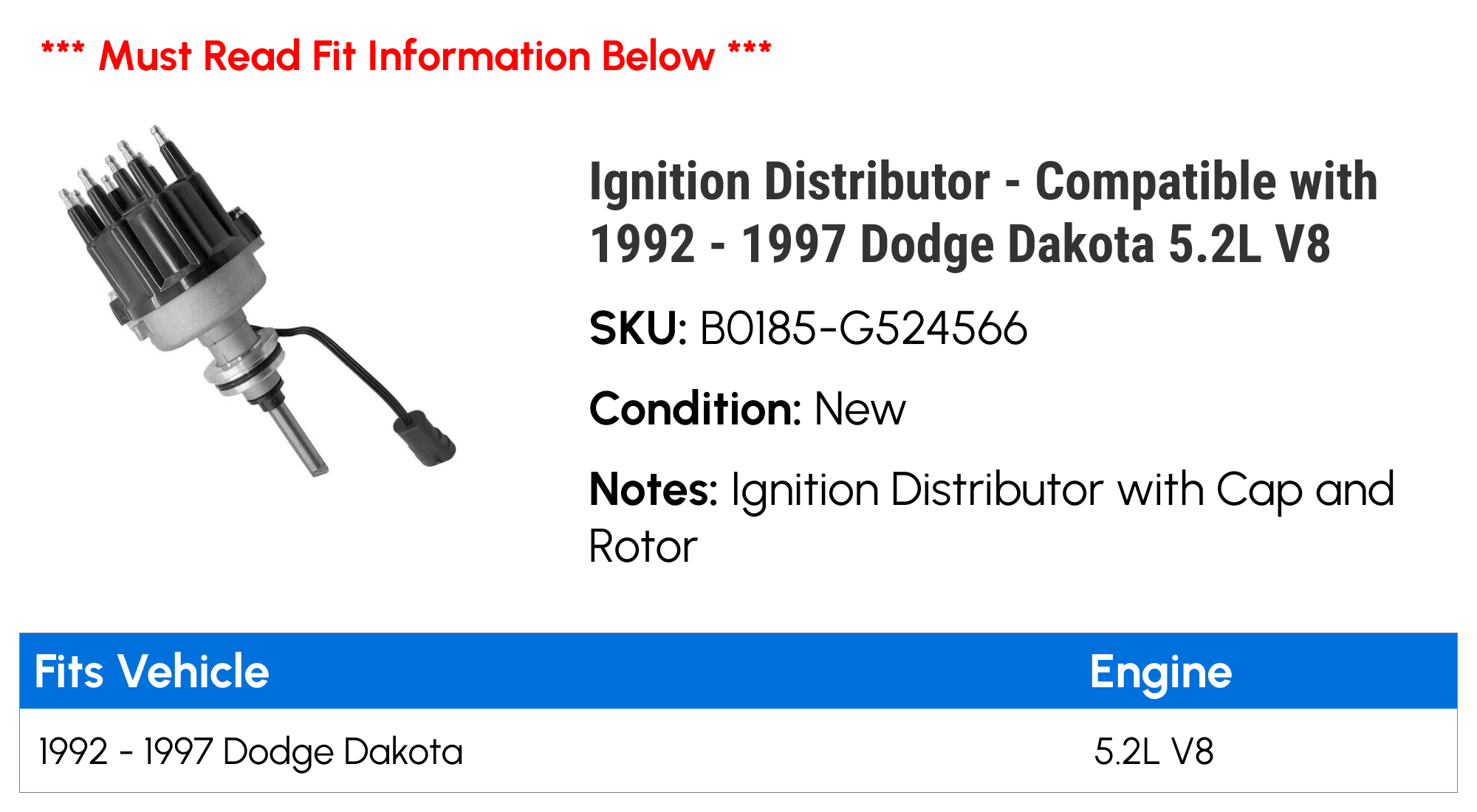 Ignition Distributor - Compatible with 1992 - 1997 Dodge Dakota 5.2L V8 1993 1994 1995 1996