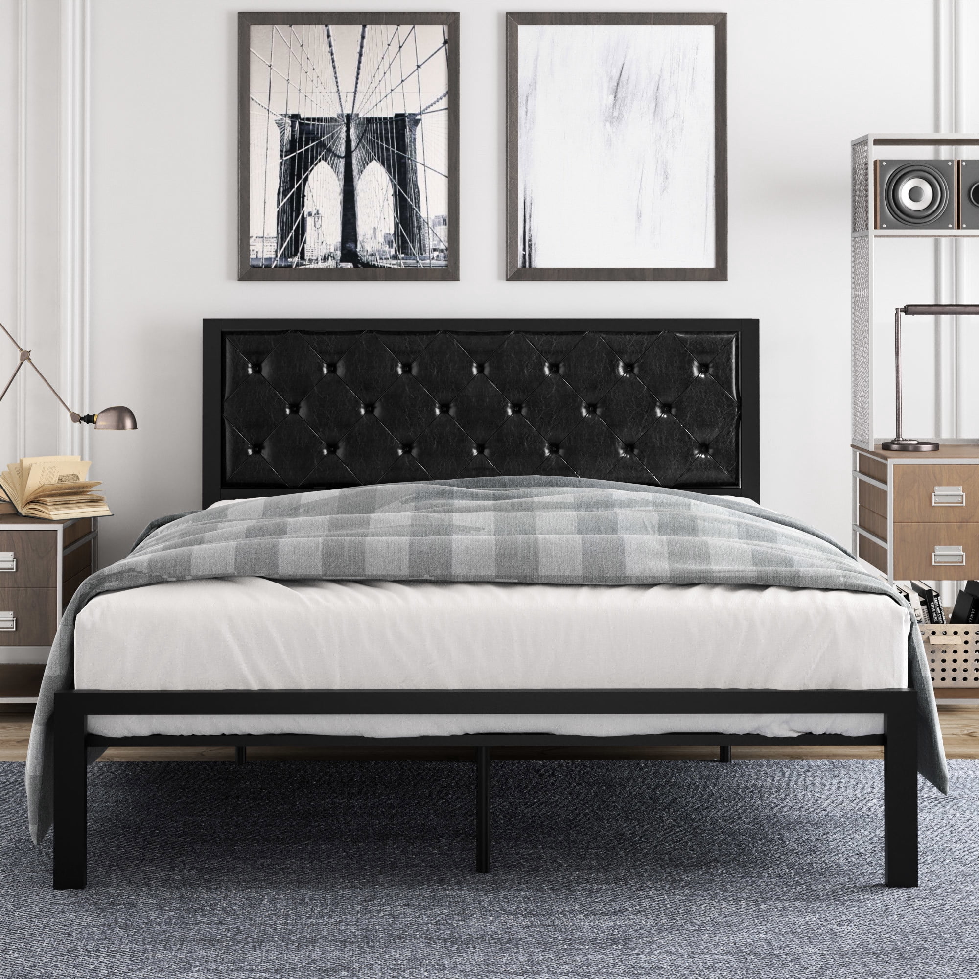 Amolife Full Size Metal Bed Frame with Faux Leather Headboard, Black