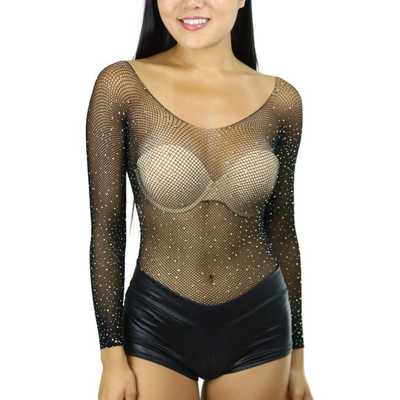 ToBeInStyle Women's Novelty Fishnet Rhinestone Bodysuit Leotard - Black - One Size Plus