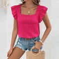thumbnail image 4 of XMHJSMD Womens Summer Shirts Women's 2024 Summer Ruffle Cap Sleeve Blouse Square Neck Textured Shirt Dressy Casual Tops(Hot Pink,L), 4 of 7