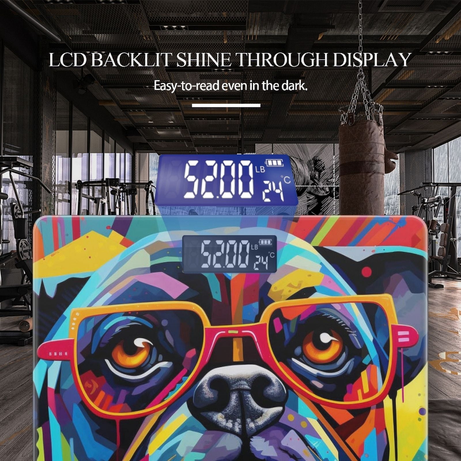 High Precision Body Weight Scale Smart Bathroom Scales with Large LCD Display(400lbs),Decorative for Bedroom-Colorful Pug Wearing Glasses