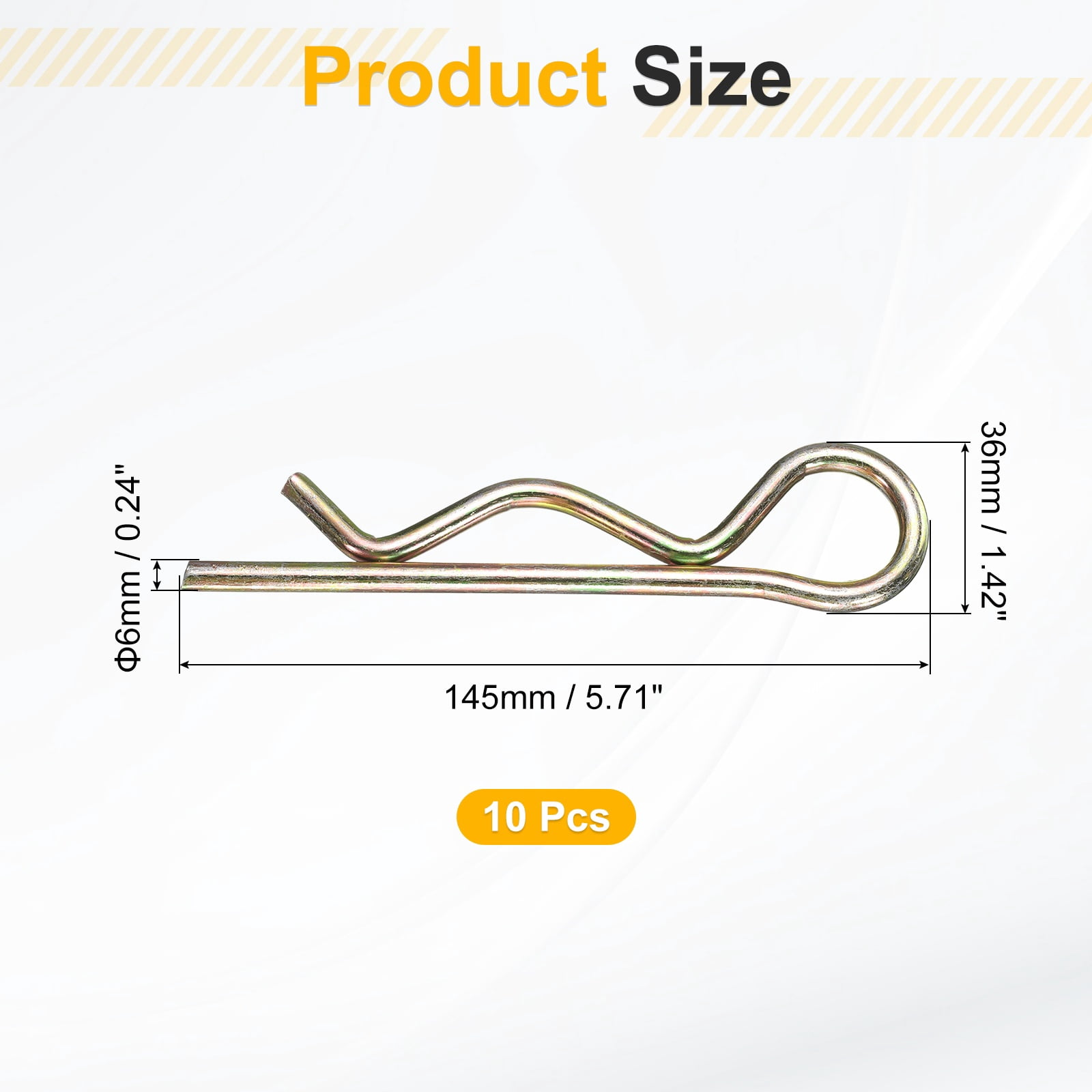 10Pack Hitch Pin Clip, 6x145mm Zinc-Plated Spring Steel Retaining R Clip, Gold