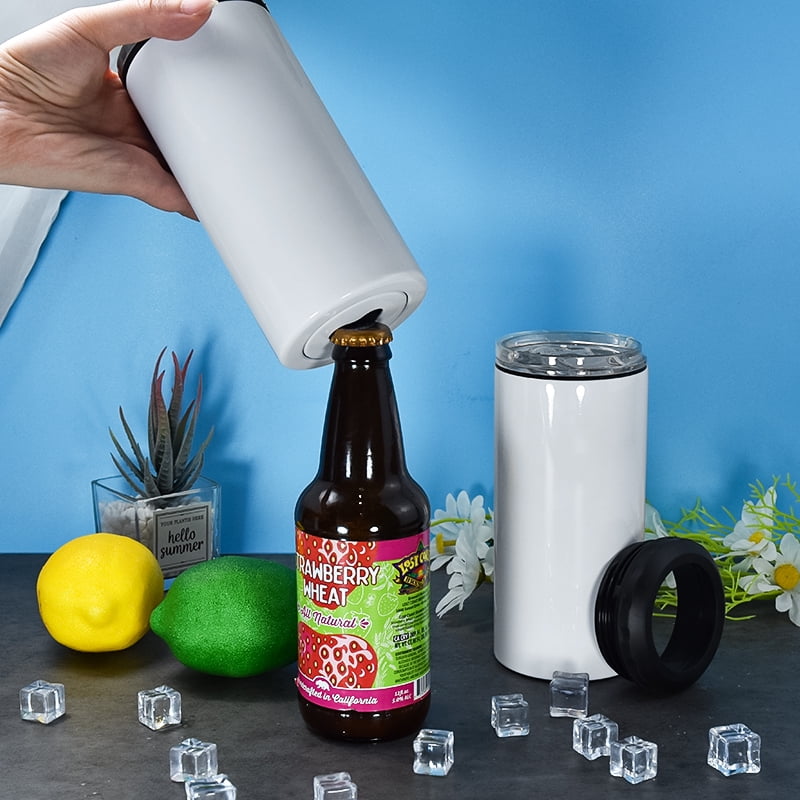 5 in 1 16oz sublimation can cooler Stainless Steel Insulated white blank can holder with beer bottle opener on bottom