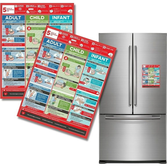 CPR Magnet Adult, Child, and Infant Refrigerator Quick Reference Guide Poster  2pk 5.5 x 4.3 inches Office Supplies Mannequin Illustration