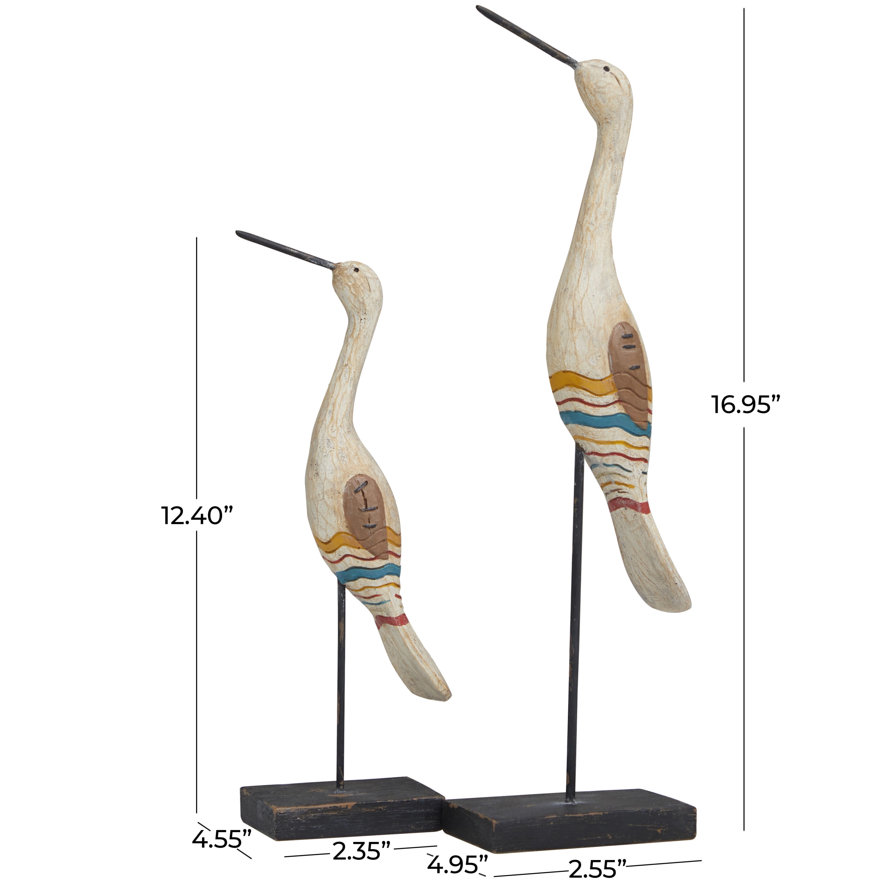 17", 12"H Cream Polystone Handmade Distressed Carved Bird Sculpture with Colorful Patterns and Black Stand, by DecMode (2 Count)